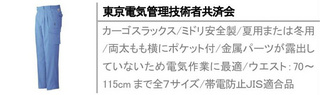 カーゴスラックス/ミドリ安全製/夏用または冬用/両太もも横にポケット付/金属パーツが露出していないため電気作業に最適/ウエスト：70～115cmまで全７サイズ/帯電防止ＪＩＳ適合品